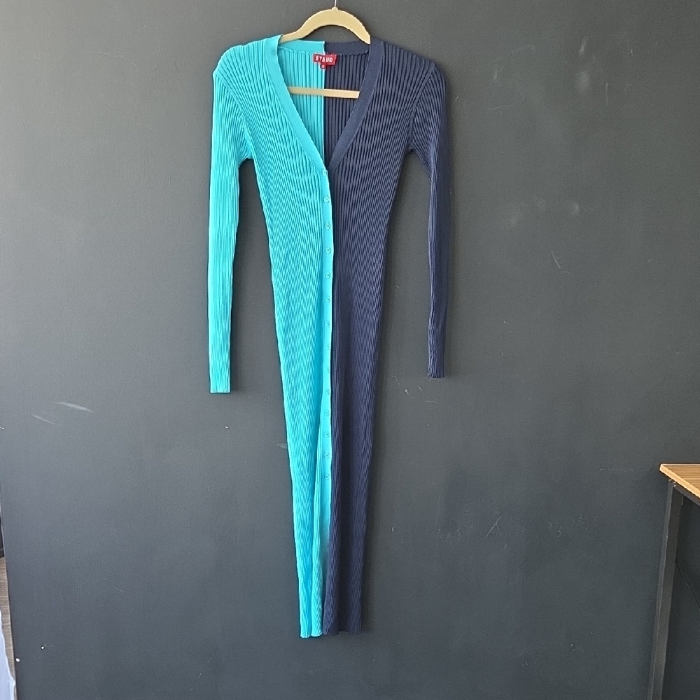 STAUD Teal and Navy Shoko Sweater Midi Dress